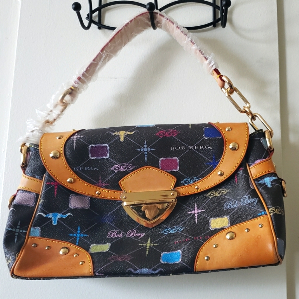 Black Multicolor Patterned Shoulder Bag with Tan Trim